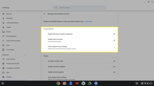 Tekstistä puheeksi -asetukset Chromebookin asetuksissa