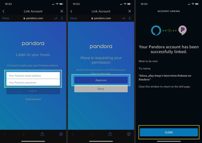 Viimeiset vaiheet olemassa olevan suoratoistotilin linkittämiseksi Alexa-sovellukseen iPhonessa, jossa Pandora Credentials -ruutu, Hyväksy ja Sulje on korostettu