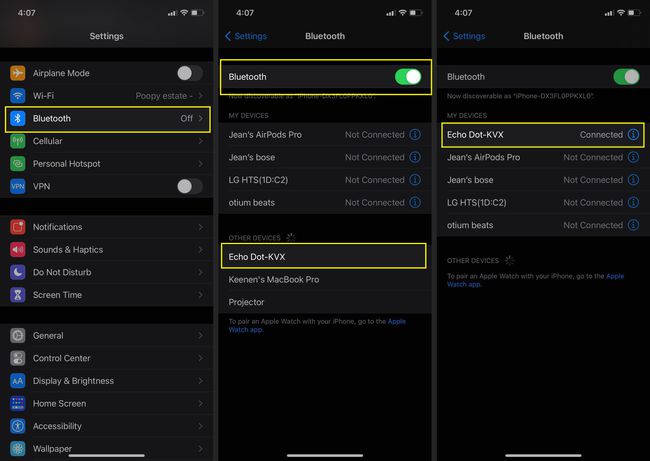 Yhdistä Echo Dot laitteeseen Bluetoothin kautta iPhonessa, jossa Bluetooth-asetukset, Bluetooth-kytkin päällä ja Echo Device Connected on korostettuna