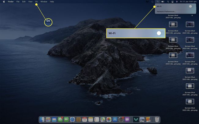 Mac-työpöytä, jossa Wi-Fi pois päältä ja Go korostettuna