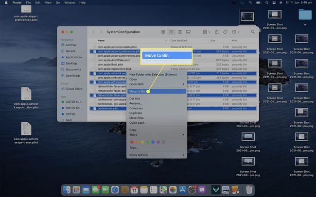 Macin verkkoasetustiedostot on valittu siirrä roskakoriin korostettuna