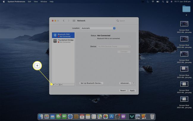 Macin verkkoasetukset-ikkuna, jossa plus-kuvake on korostettuna