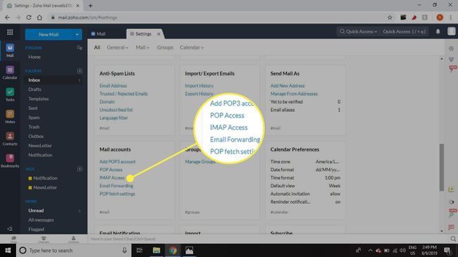 Kuvakaappaus Zoho Mail -asetuksista IMAP Accessin korostettuna
