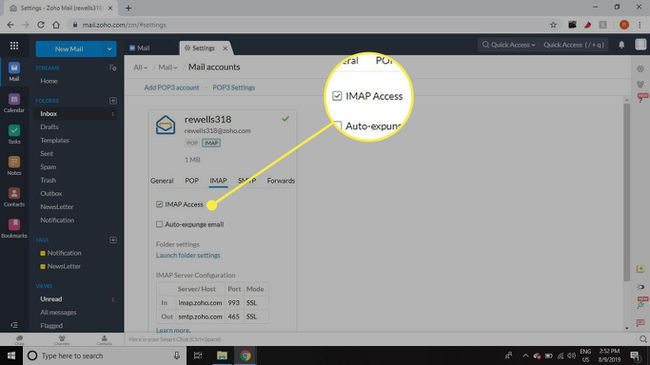 Kuvakaappaus Zoho Mailista, jossa on korostettuna IMAP Access -vaihtoehto