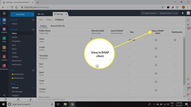 Kuvakaappaus Zoho Mailista, jossa Näytä IMAP-asiakassovelluksessa -sarake korostettuna