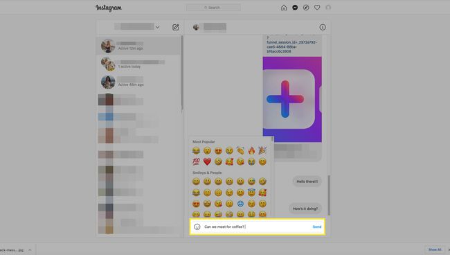 Instagram-työpöydän vastausnäyttö, jossa viestipalkki ja emojivaihtoehdot korostettuina