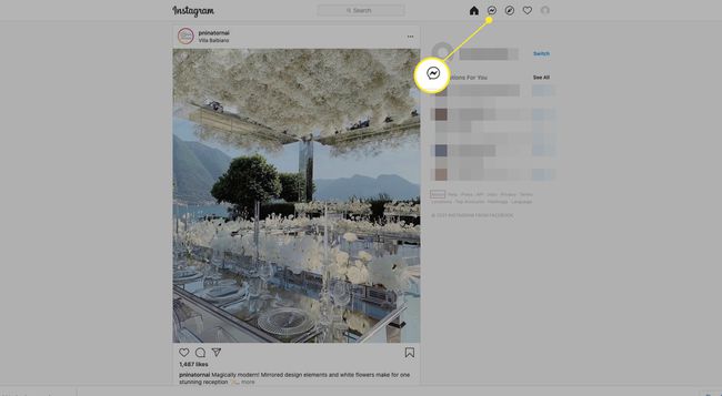 Instagram työpöydällä Messenger-kuvake korostettuna