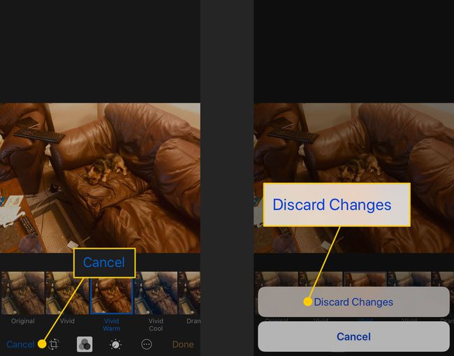 Hylkää muutokset, kun lisäät suodattimen valokuvaan iPhonessa