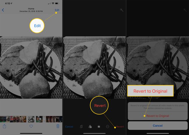 Kolme iOS-kamerasovellusnäyttöä Muokkaa-, Palauta- ja Palauta alkuperäiseen -painikkeet