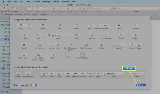 Valmis-painike korostettuna Mac Mail Customize Toolbar -ikkunassa