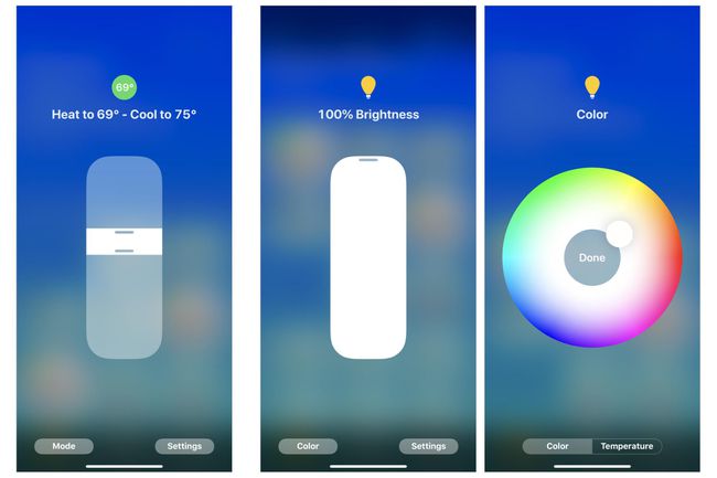 3 kuvakaappausta iPhone Home -sovelluksesta: (vasemmalla) ohjauspainikkeet termostaatin säätämiseen, (keskimmäinen) lampun kirkkaus 100%, (oikealla) lampun värin valintaympyrä