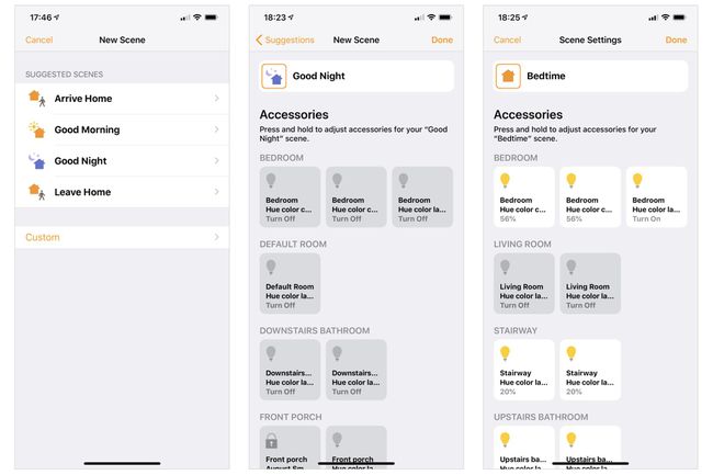3 kuvakaappausta iPhone Home -sovelluksesta: (vasemmalla) uudet kohtausvaihtoehdot, 4 ehdotettua kohtausta, (keskellä) kohtauksen yksityiskohdat Hyvää iltaa, sammuta kaikki, (oikealla) mukautettu kohtaus nukkumaan mennessä, jotkin valot pois ja muut päälle
