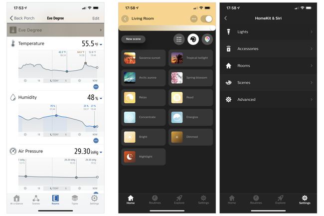 3 iPhone-kuvakaappausta: (vasemmalla) Eve Degree -sääasemakartta lämpötilasta, kosteudesta ja ilmanpaineesta ajan mittaan, (keskellä) Philips Hue -kohtauksen oletusvalaistusasetukset (esim. Savanna Sunset, Arctic Aurora jne.);  (oikealla) HomeKit- ja Siri-asetukset Philips Hue -sovelluksessa (näyttää valot, lisävarusteet, huoneet, kohtaukset ja lisävalikot)