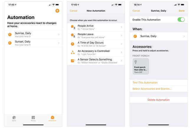 3 kuvakaappausta iPhone Home -sovelluksesta: (vasemmalla) Automaatiopäänäyttö, 2 automaatiota, (keskellä) Uudet automaatiovaihtoehdot, jotka perustuvat saapuviin/lähteviin ihmisiin, aikaan, lisävarusteiden ohjaukseen tai anturiin, (oikealla) Auringonnousun automaation yksityiskohta ottaa käyttöön kuisti valoa