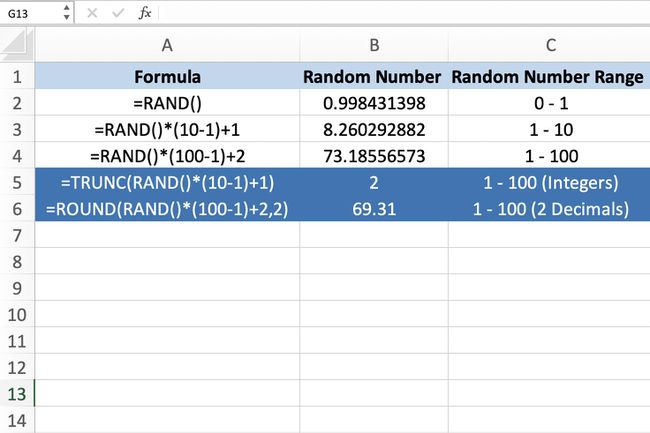 Näyttökaappaus Excelistä, jossa näkyy TRUNC- ja ROUND-funktiot