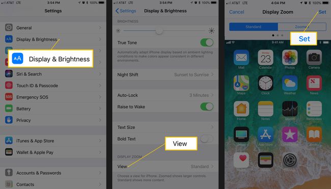 Kolme kuvakaappausta iOS-asetuksista näytön zoomauksen määrittämiseksi oletusasetukseksi