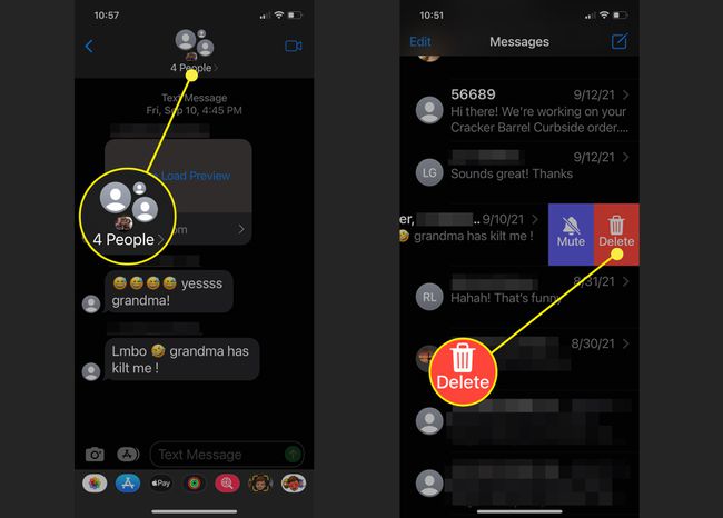 Näyttökaappaukset, joissa näytetään, kuinka ryhmäviesti poistetaan iPhonessa.