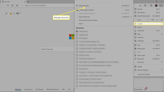 Microsoft Edgen Suosikit-valikko, jossa on Suosikkien hallinta korostettuna.