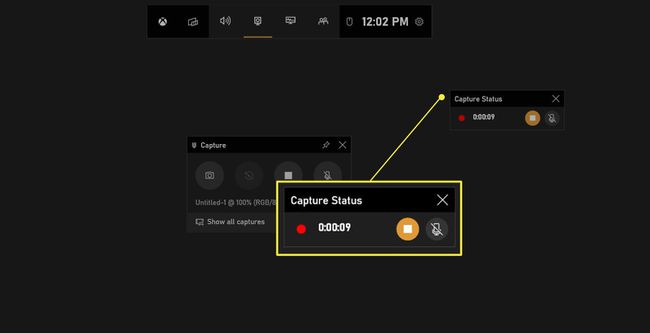 Xbox Game Bar Recording Recording Status -widget korostettuna