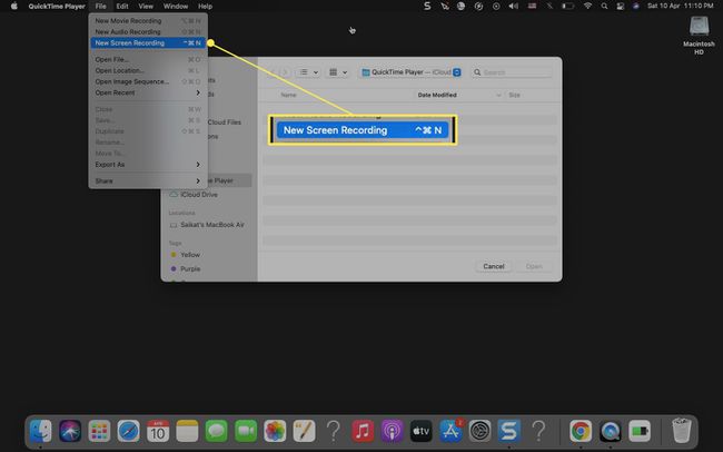 Quicktime Player Macissa, jossa "New Screen Recording" on korostettuna