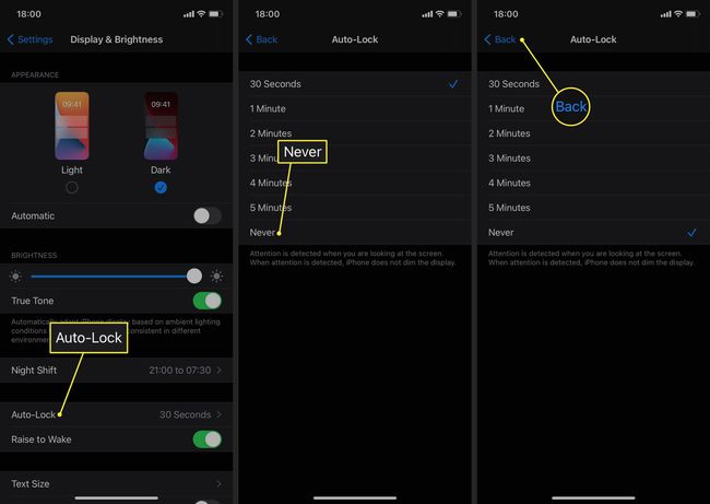 Automaattinen lukitus, Ei koskaan ja Takaisin korostettuna iPhonen asetuksissa