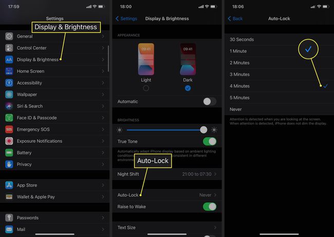 Näyttö ja kirkkaus, automaattinen lukitus ja valintamerkki merkitty iPhonen asetuksiin