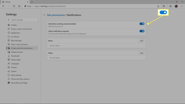 Ilmoitukset-kytkin MS Edgen asetuksissa.