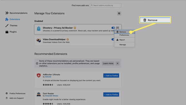 Poista laajennus valitsemalla avattavasta valikosta Poista.