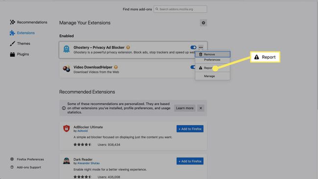 Valitse Ilmoita, jos haluat ilmoittaa laajennuksesta Mozillalle tietosuojaongelmista tai muista huolenaiheista.