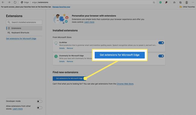 Valitse Hanki laajennuksia Microsoft Edgelle lisätäksesi uuden Edge-laajennuksen.