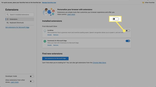 Jos haluat poistaa asennetun laajennuksen käytöstä, poista se käytöstä.