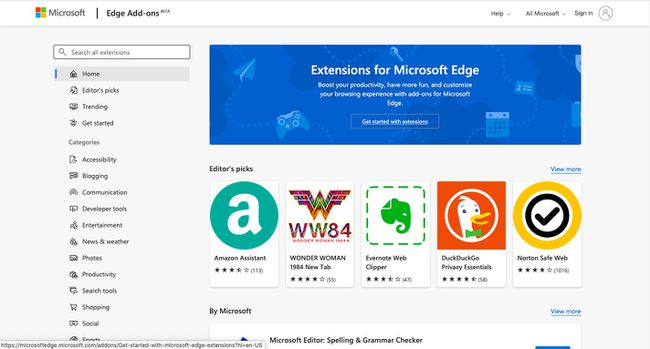 Valitse Hanki laajennuksia Microsoft Edgelle lisätäksesi uuden Edge-laajennuksen.