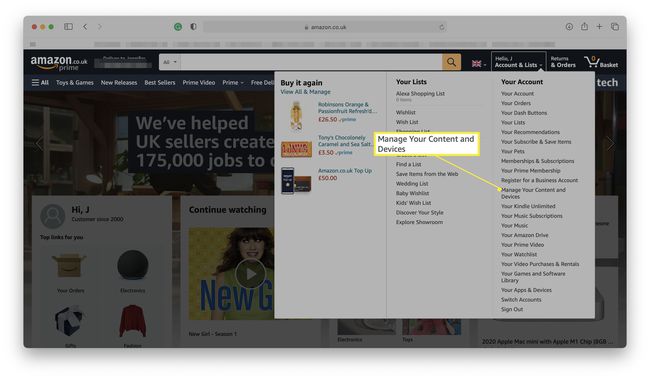 Amazon-sivusto, jossa Sisällön ja laitteiden hallinta on korostettuna