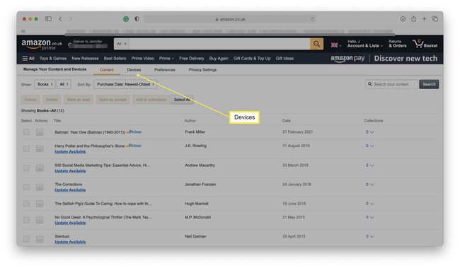 Amazon-sivusto, jossa Sisällön ja laitteiden hallinta on auki ja laitteet korostettuina
