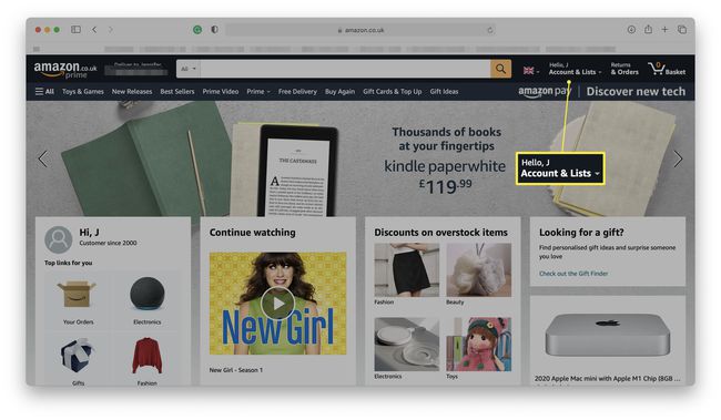Amazon-sivusto, jossa tili ja luettelot korostettuina