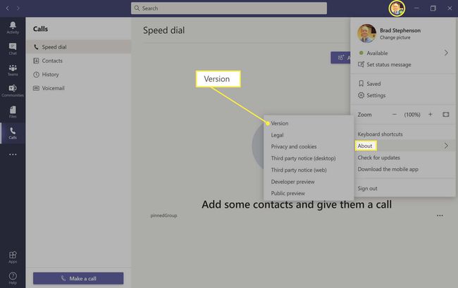 Microsoft Teamsin päävalikon Tietoja-valikon Versio-valikkokohta Windows 10:ssä.