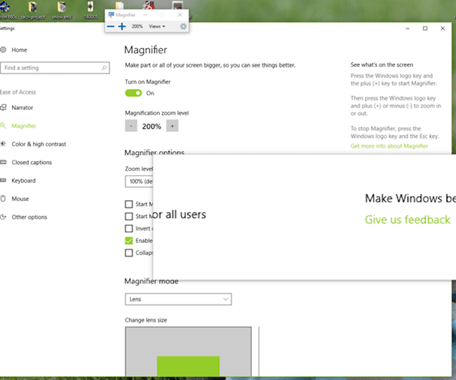 Näyttökuva PC:n Windows 10:n suurennuslasin asetuksista, kun suurennuslasi on asetettu arvoon 200 %