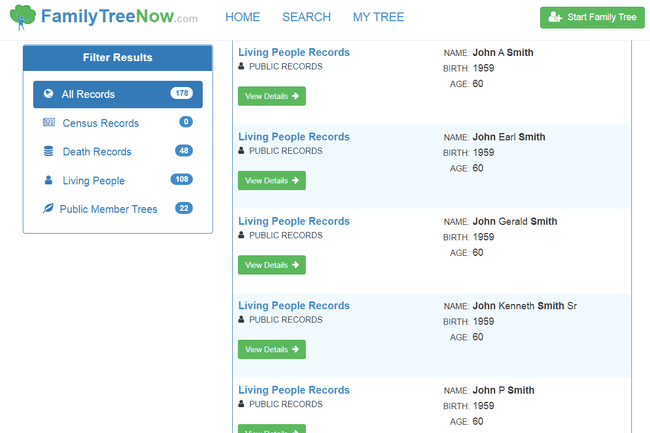 FamilyTreeNow.com-hakutulokset ja suodatinvaihtoehdot
