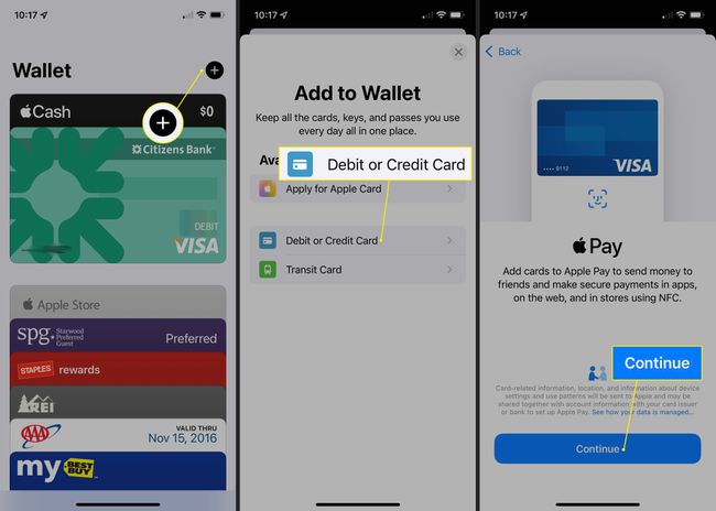 Plus (+), pankki- tai luottokortti ja jatka Apple Pay -sovelluksessa