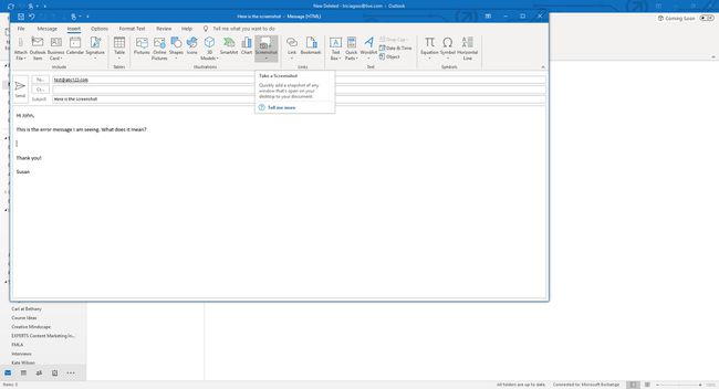 Näyttökuva Outlookin Screenshot-vaihtoehdosta