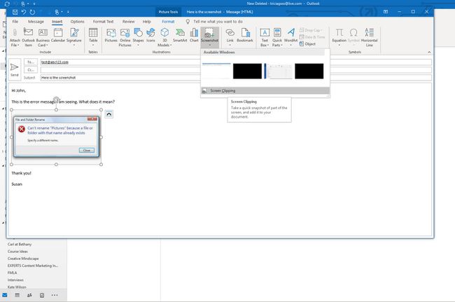 Näyttökaappaus Outlookin näytönleikkausgalleriasta, jossa näytetään, kuinka kuvakaappaus lähetetään sähköpostitse