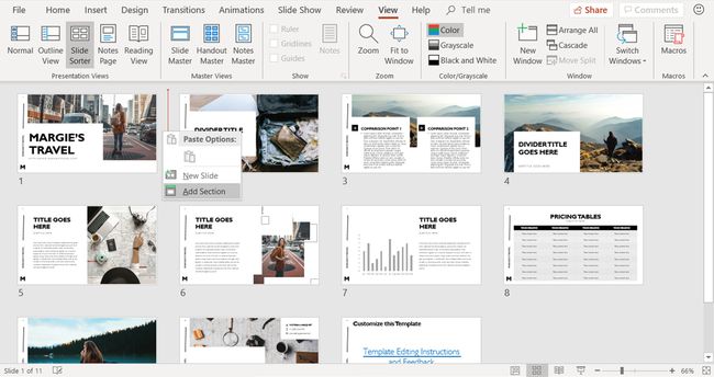 Kuvakaappaus, joka näyttää, kuinka osio lisätään PowerPoint-esitykseen dialajittelunäkymässä