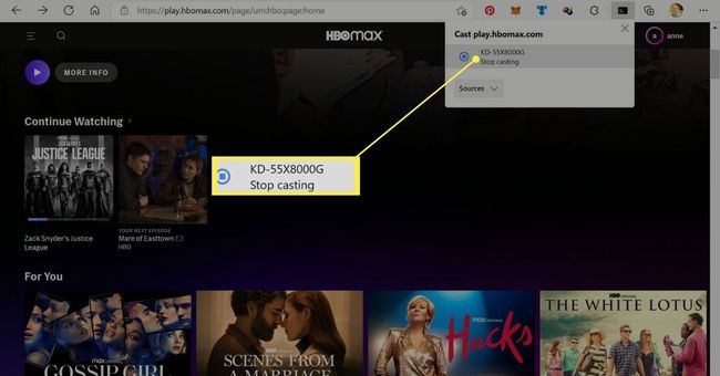 Microsoft Edge näyttää Stop Casting -vaihtoehdon HBO Max -verkkosivustolle.