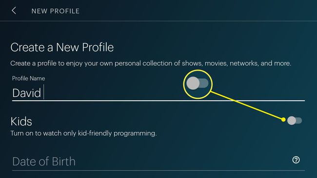Anna profiilille nimi, napauta sitten Lapset-kohdan vieressä olevaa vaihtokytkintä ja aseta se päälle.