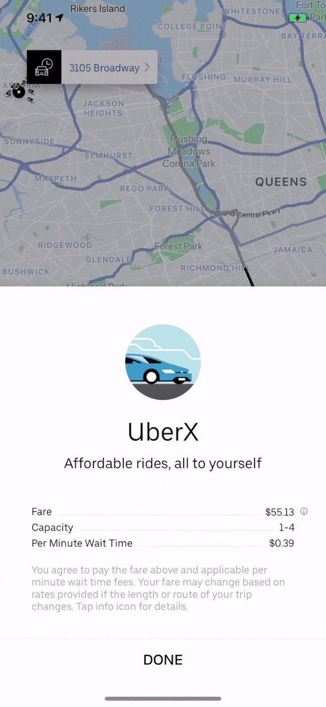 Kuvakaappaus Uber-sovelluksesta ja yksityiskohtaiset tiedot kyydin varaamiseen.