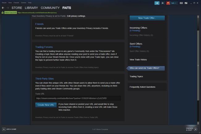 Kuvakaappaus Steam Trade URL -näytöstä.