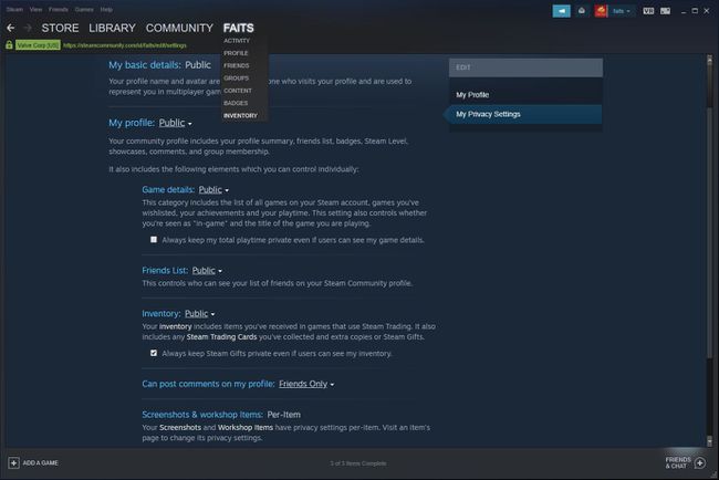 Kuvakaappaus Steamin tietosuoja-asetuksista.