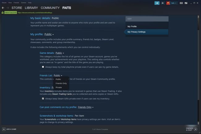 Kuvakaappaus Steamin tietosuoja-asetuksista.