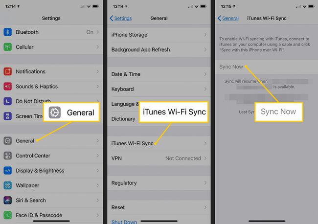 Yleiset, iTunes Wi-Fi Sync, Synkronoi nyt -painikkeet iOS-asetuksissa