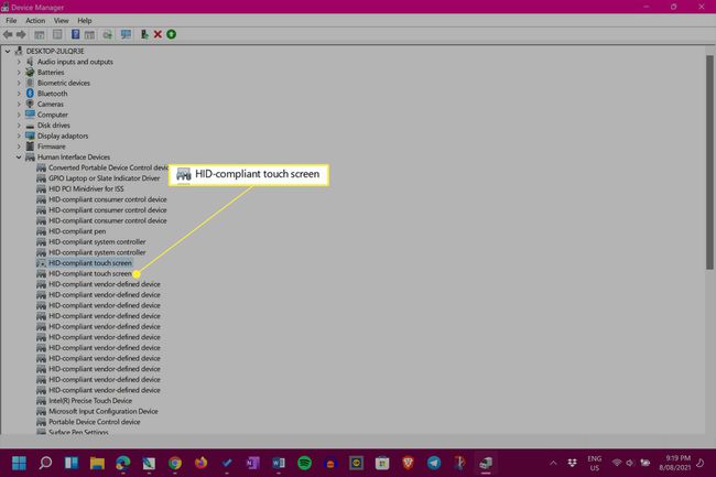 Windows 11 Device Manager, jossa toinen HID-yhteensopiva kosketusnäyttö korostettuna
